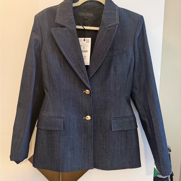Zara Jackets & Blazers - Zara Dark Denim Structured Blazer with Gold Buttons